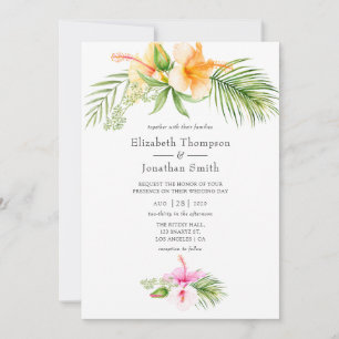 Convite Casamento Tropical Floral na Praia com Aquarela
