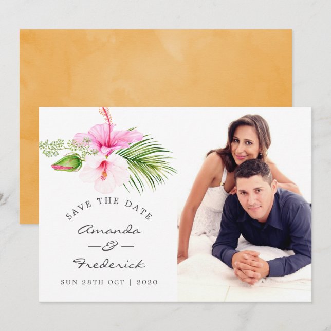 Convite Casamento Tropical Floral na Praia Save the Date (Frente/Verso)