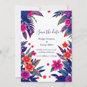 Convite Casamento Tropical Floral Rosa Navy Havaí