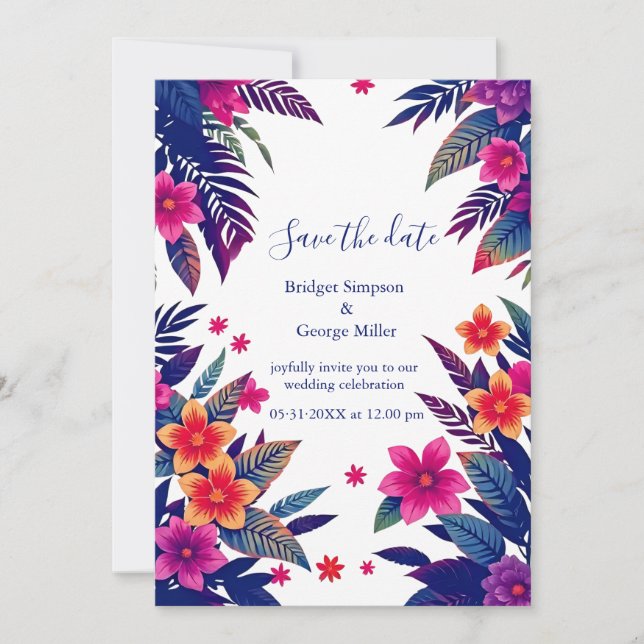Convite Casamento Tropical Floral Rosa Navy Havaí (Frente)