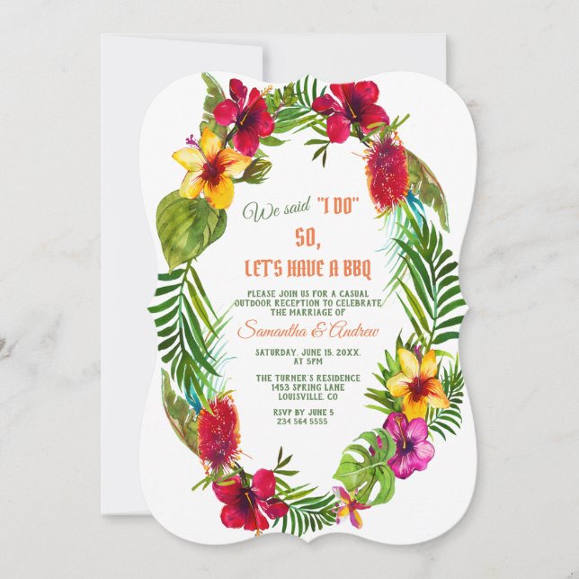 Convite Casamento Tropical Floral Wreath I DO CHURRASCO (Frente)