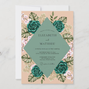 Convite Casamento Tropical Folhagem Eucalipto Pêssego