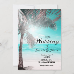 Convite Casamento Tropical Glam Rosa Aqua Blue Beach Palm