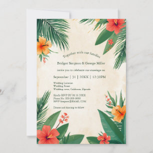 Convite Casamento Tropical Hibisco Havaí Laranja Vermelho