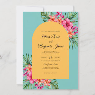 Convite Casamento Tropical Hibisco Magenta Eucalipto