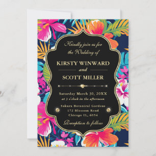 Convite Casamento Tropical Hibiscus Gold
