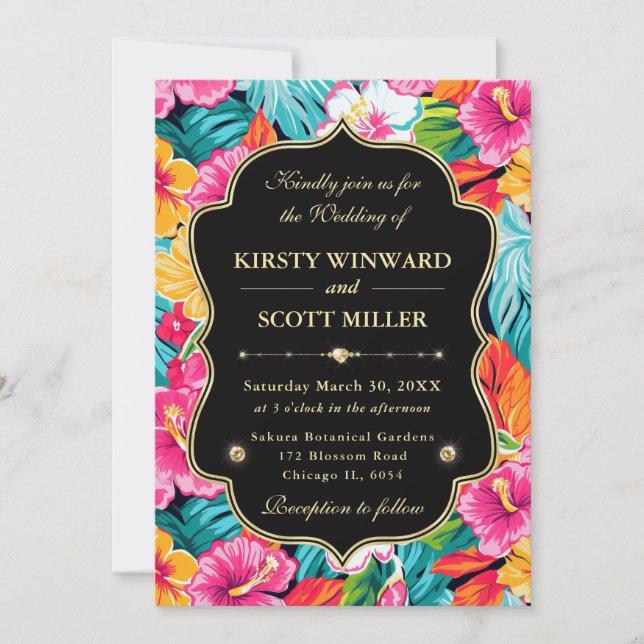 Convite Casamento Tropical Hibiscus Gold (Frente)