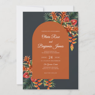 Convite Casamento Tropical Laranja Carvão Eucalipto Silenc