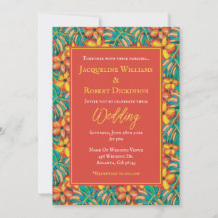 Convite Casamento Tropical Laranja e Floral Verde