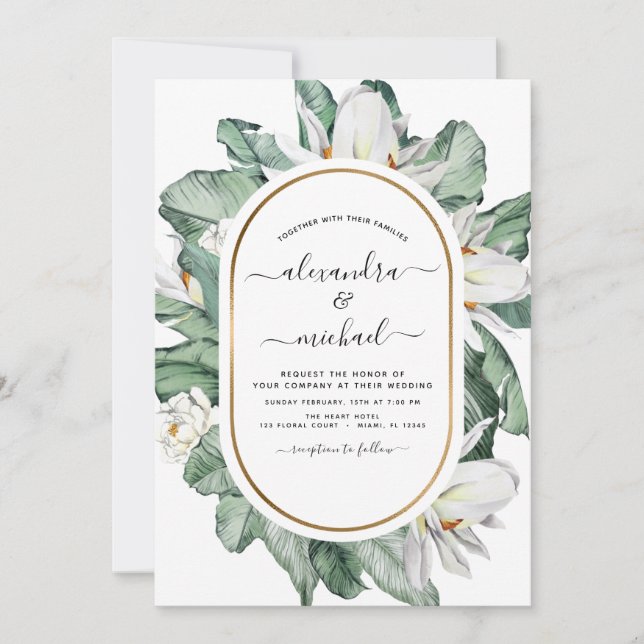 Convite Casamento Tropical Magnolia Floral Greenery (Frente)