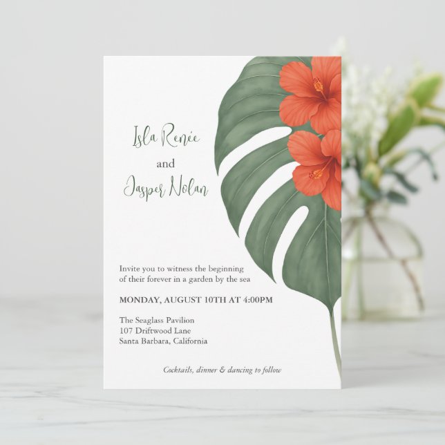 Convite Casamento Tropical Monstera & Hibiscus (Em pé/Frente)