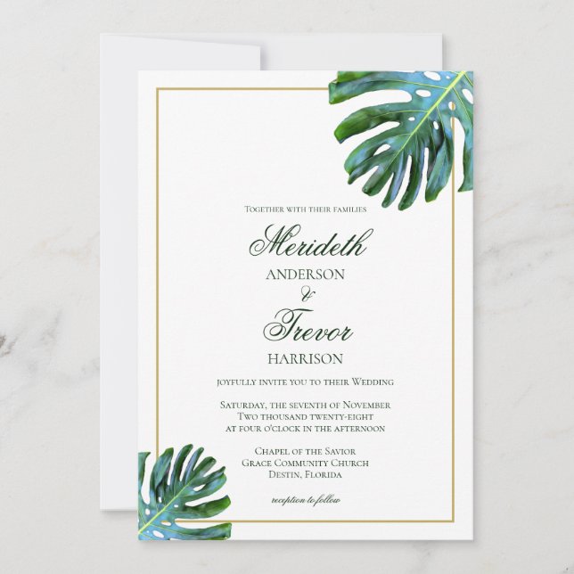Convite Casamento Tropical Monstera Leaf Photo Beach (Frente)