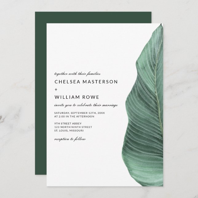 Convite Casamento Tropical Monstera Palm Leaf (Frente/Verso)