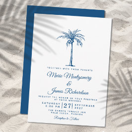 Convite Casamento Tropical na Praia com Palma Azul Moderna