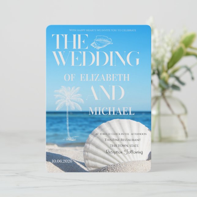 Convite Casamento Tropical na Praia do Oceano (Em pé/Frente)