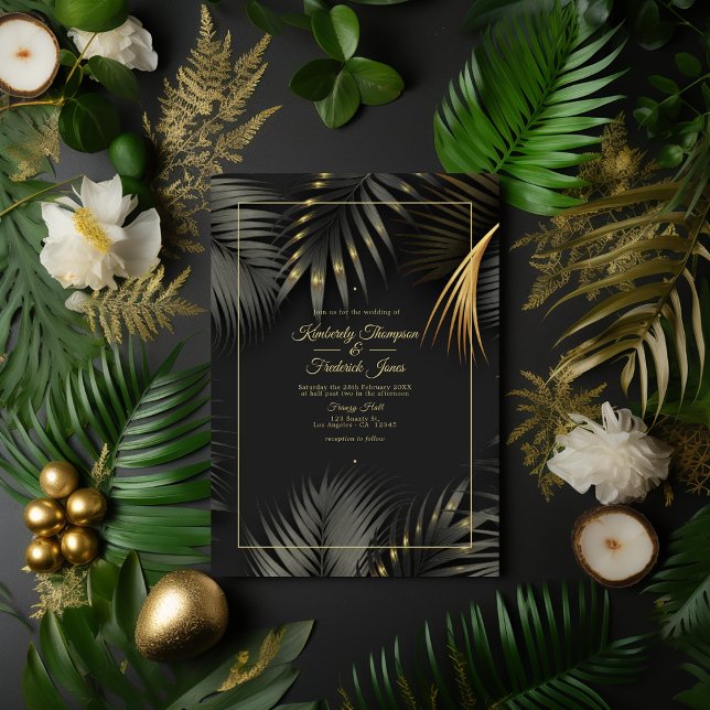 Convite Casamento tropical negro e Dourado (Black and Gold Tropical Wedding)