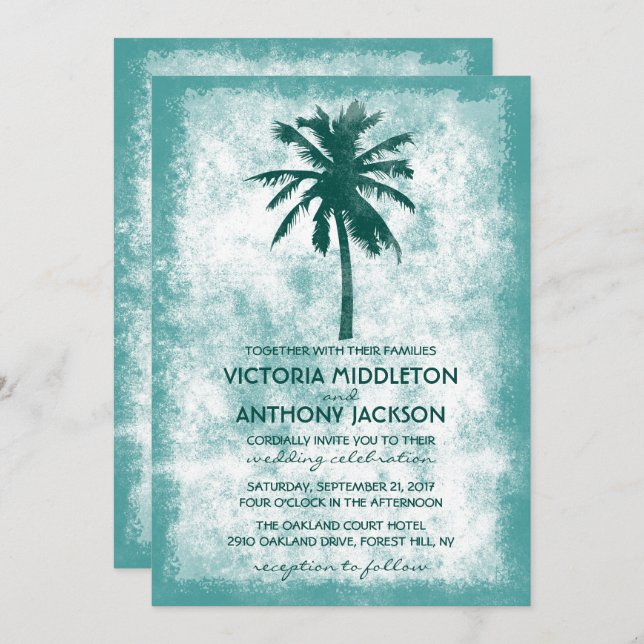 Convite Casamento Tropical Palm Tree Beach (Frente/Verso)