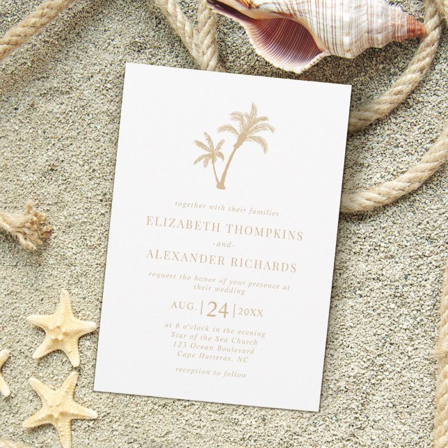 Convite Casamento Tropical Palm Tree Beach Sand Beige (Criador carregado)