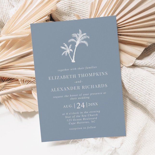 Convite Casamento Tropical Palm Tree Dusty Blue Beach (Criador carregado)