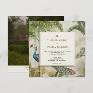 Convite Casamento Tropical Peacock Palm de Foto Quadrada E