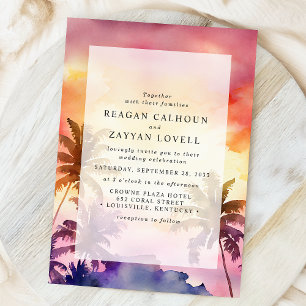 Convite Casamento Tropical Pôr do Sol em Aquarela