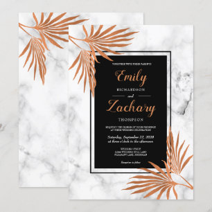 Convite Casamento Tropical Preto Branco Mármore Cobre Eleg
