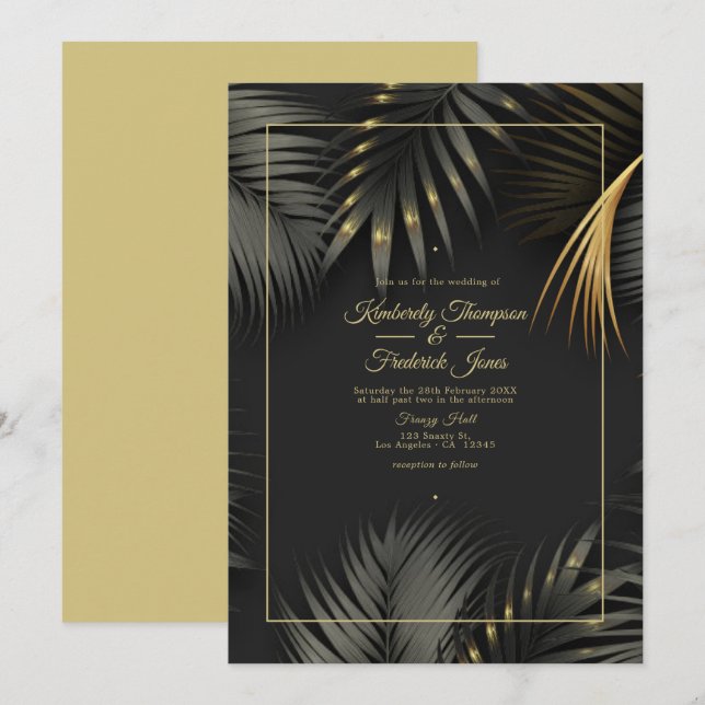 Convite Casamento Tropical Preto e Dourado (Frente/Verso)