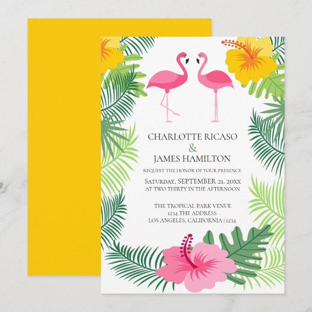 Convite Casamento Tropical Rosa Flamingo Personalizado (Frente/Verso)
