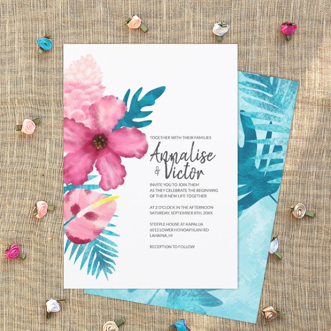 Convite Casamento Tropical Rosa Hibiscus Turquoise Ferns (turquoise and pink tropical wedding invitation card, pink hibiscus, Hawaiian flowers theme)