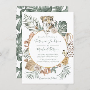 Convite Casamento Tropical Selva Cheetah Palm Wreath