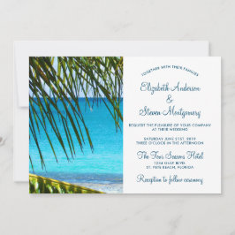 Convite Casamento Tropical Turquesa na Praia com Folhas de