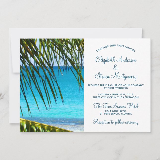 Convite Casamento Tropical Turquesa na Praia com Folhas de (Frente)