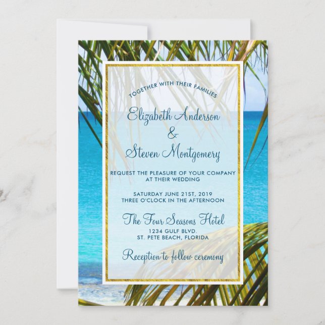 Convite Casamento Tropical Turquesa na Praia com Frondes d (Frente)