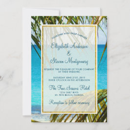 Convite Casamento Tropical Turquesa na Praia com Frondes d