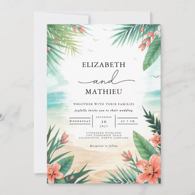 Convite Casamento Tropical Verde de Praia Elegante (Frente)