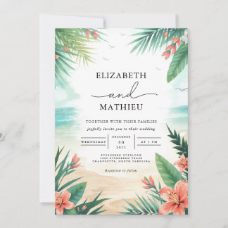 Convite Casamento Tropical Verde de Praia Elegante