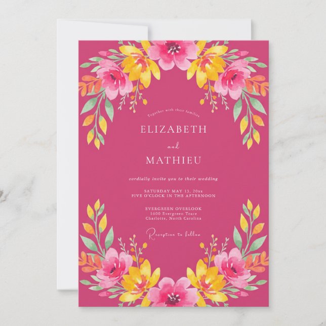 Convite Casamento Tropical Vibrante Fuchsia (Frente)