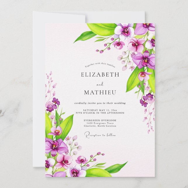 Convite Casamento Tropical Vibrante Roxo (Frente)