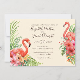 Convite Casamento Tropical Watercolor Flamingos & Hibiscus