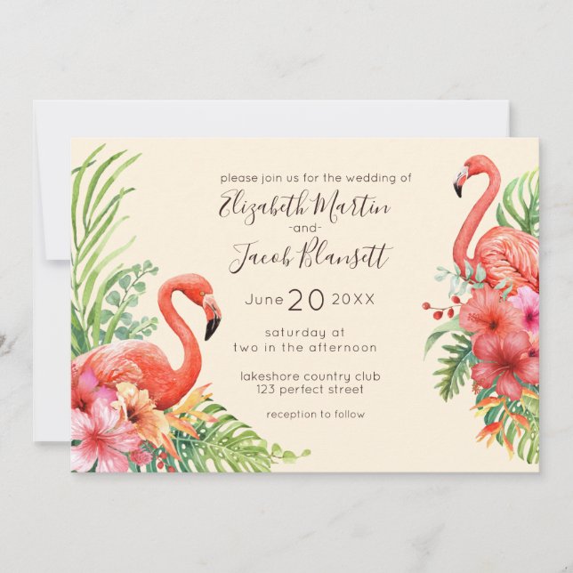 Convite Casamento Tropical Watercolor Flamingos & Hibiscus (Frente)