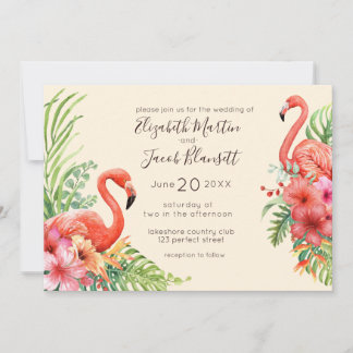 Convite Casamento Tropical Watercolor Flamingos & Hibiscus