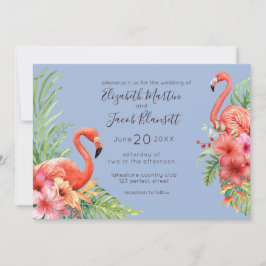 Convite Casamento Tropical Watercolor Flamingos & Hibiscus