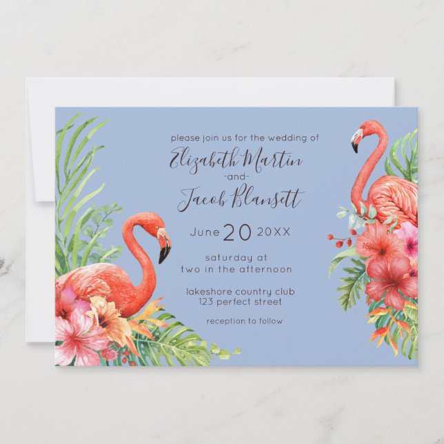 Convite Casamento Tropical Watercolor Flamingos & Hibiscus (Frente)