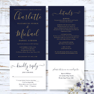 Convite Casamento Tudo Em Um Azul Marinho e Dourado