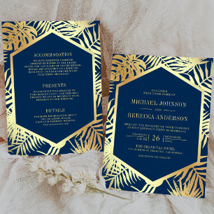 Convite Casamento Tudo em Um Azul Naval Dourado Tropical
