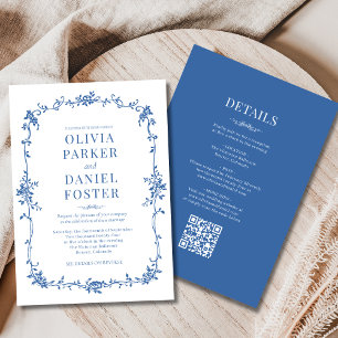 Convite Casamento Tudo em Um Azul Real Vitoriano Francês