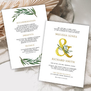 Convite Casamento Tudo em Um com Ampersand Dourado e Ramo 