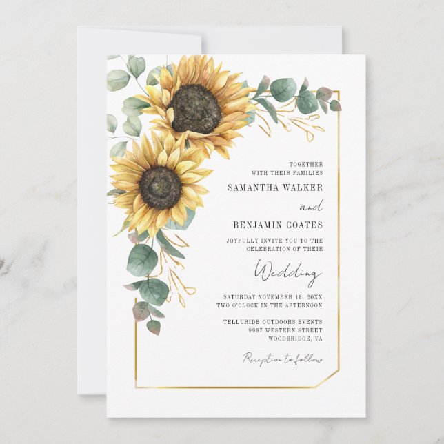 Convite Casamento Tudo em Um com Código QR de Girassol Flo (Frente)