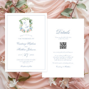 Convite Casamento Tudo Em Um com Crista Floral Azul Empoei