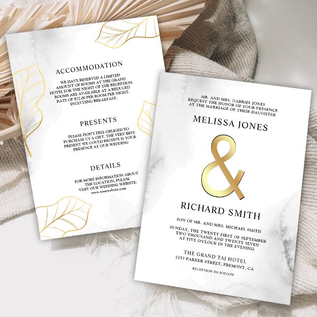Convite Casamento Tudo em Um com Folhas Brancas e Douradas (Criador carregado)